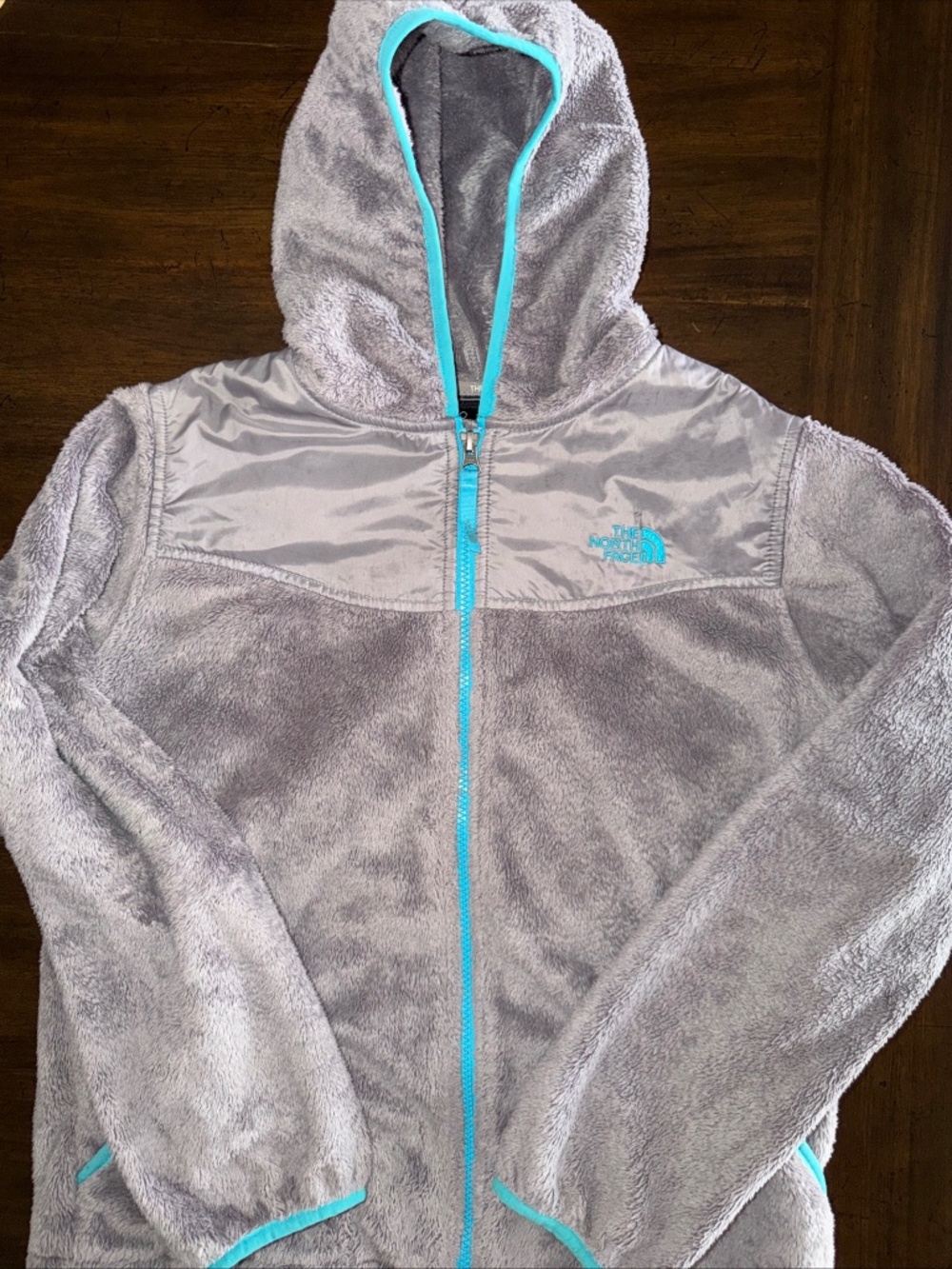 The North Face Girls Hooded Gray/blue Full Zip Fleece Jacket XL 18